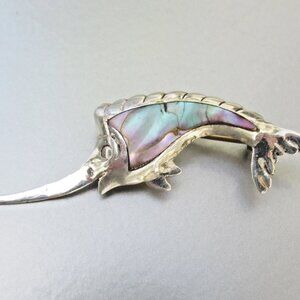 Vintage TAXCO Mexico Sterling Silver Abalone Smiling SWORDFISH Brooch Pin